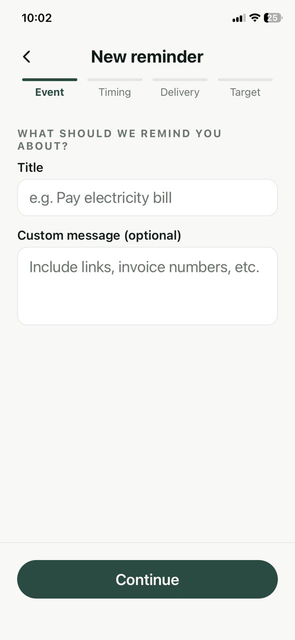Rymind new reminder screen — set what to be reminded about