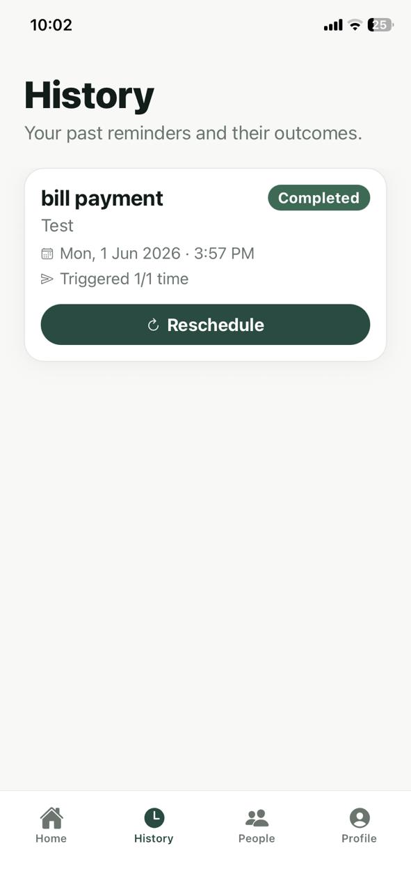 Rymind history screen showing past reminders and delivery channels