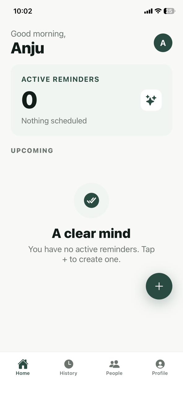 Rymind mobile app home screen — a calm dashboard of active reminders