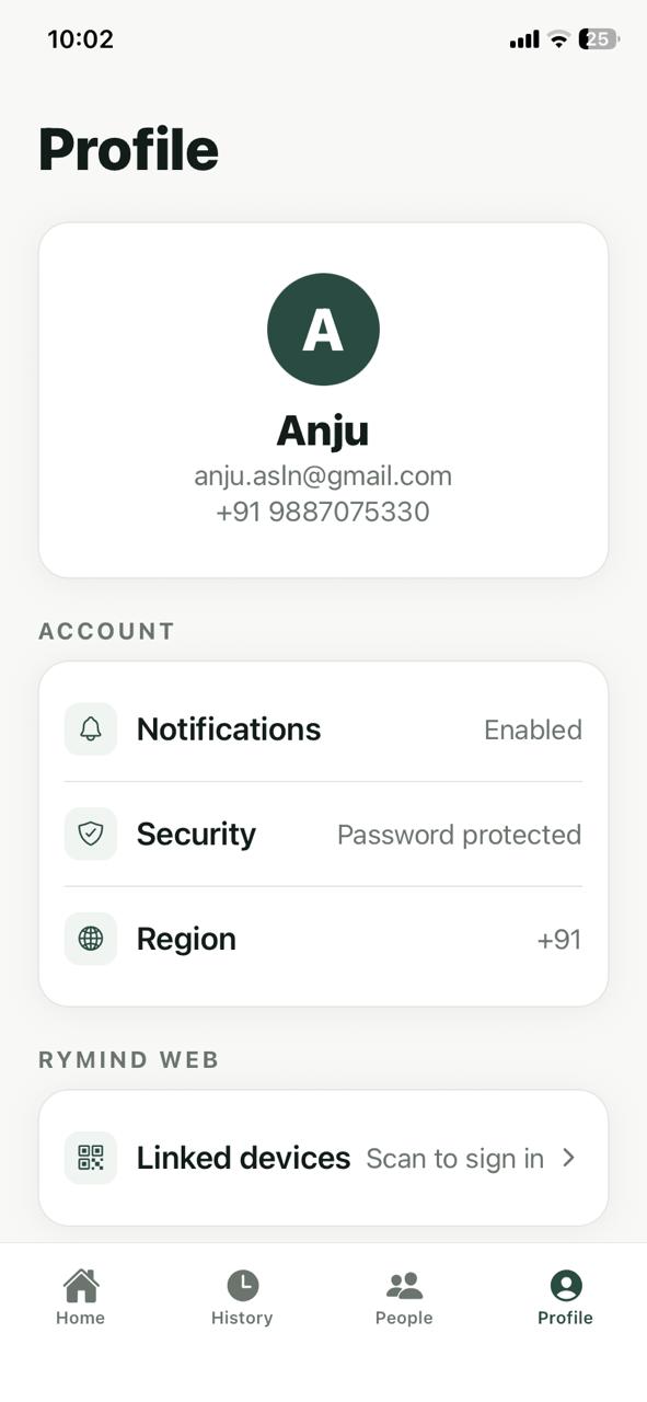 Rymind profile screen with linked devices and QR pairing for the web app