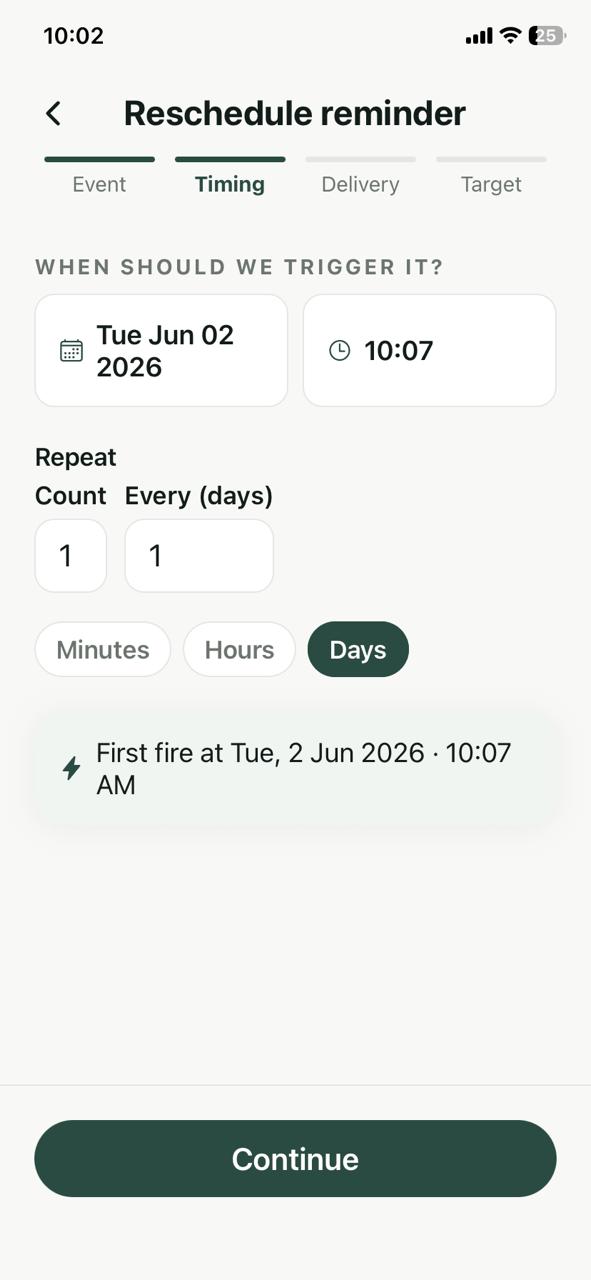 Rymind reminder scheduling screen with repeat options